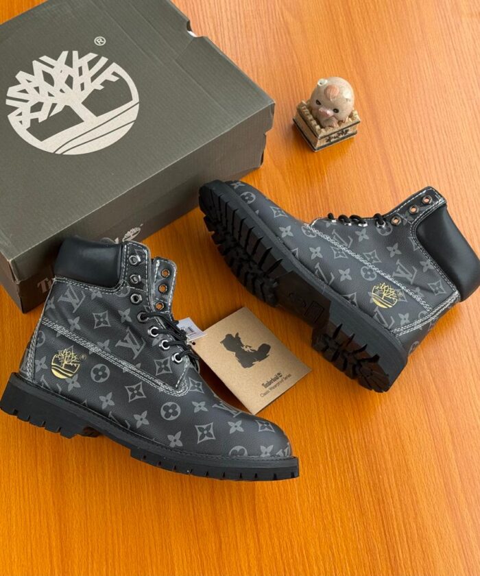 Black Leather Ankle Boots Grey Monogram Gold Timberland Logo