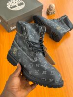 Black Leather Ankle Boots Grey Monogram Gold Timberland Logo