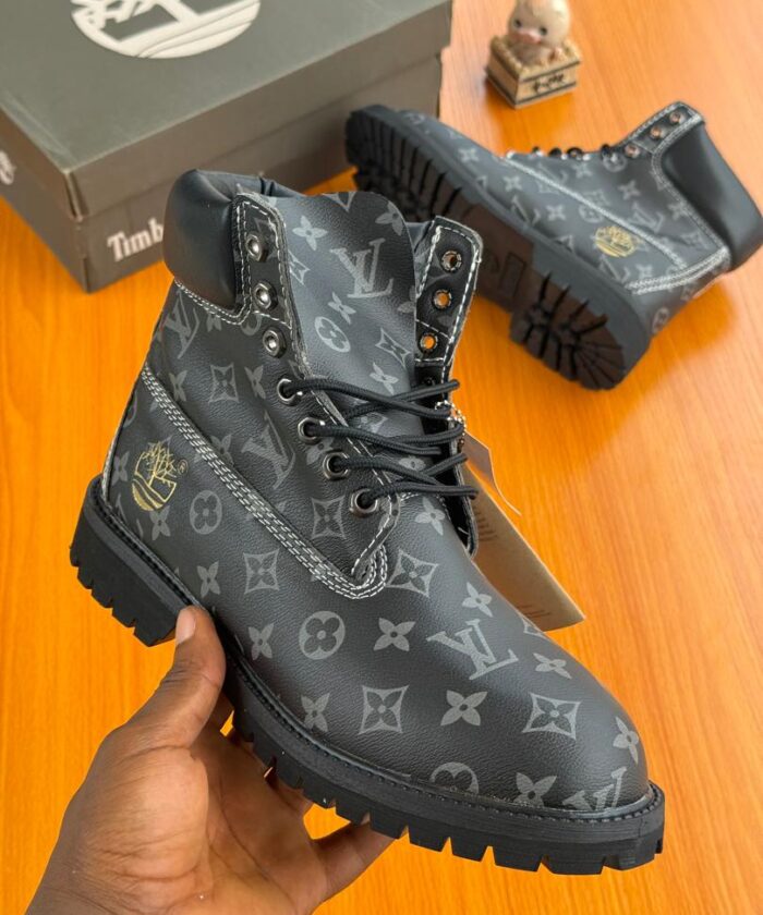 Black Leather Ankle Boots Grey Monogram Gold Timberland Logo