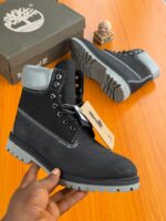 Black Leather Boots Grey Padded Collar Chunky Sole
