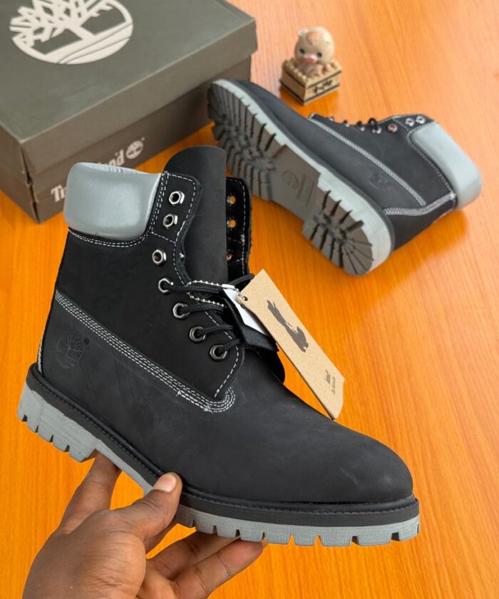 Black Leather Boots Grey Padded Collar Chunky Sole
