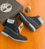 Black Leather Boots Grey Padded Collar Chunky Sole