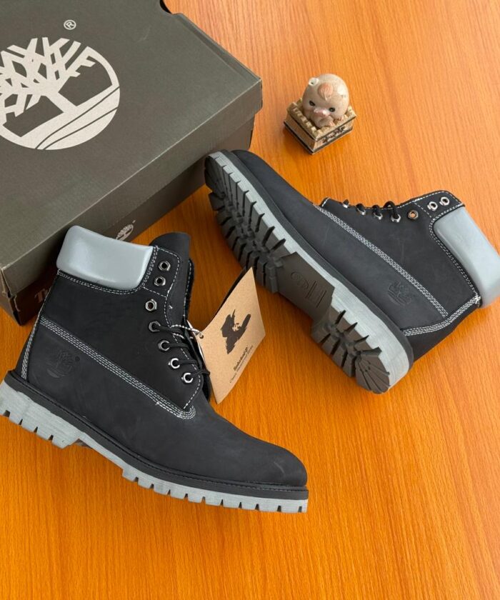 Black Leather Boots Grey Padded Collar Chunky Sole