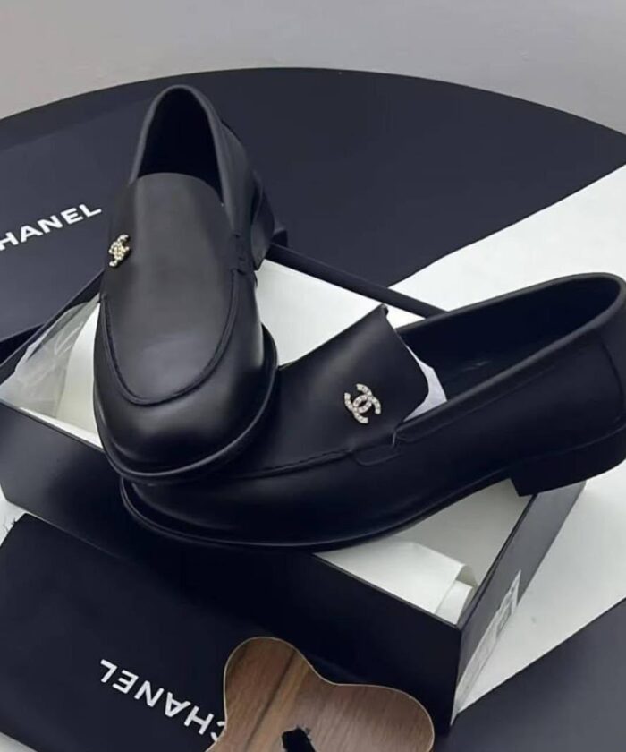 Black Leather Loafers Crystal CC Logo