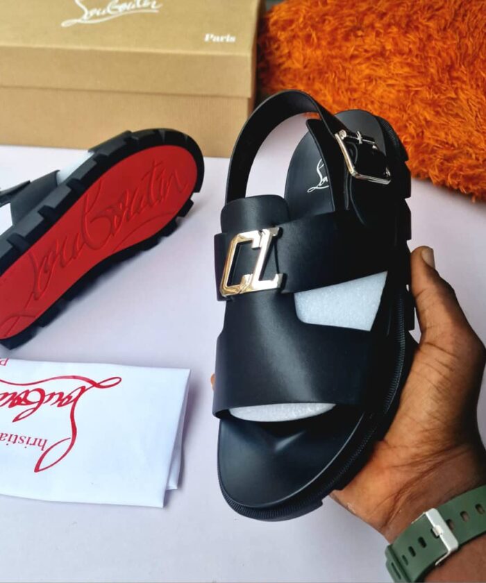 Black Leather Sandals Silver CL Logo Buckle