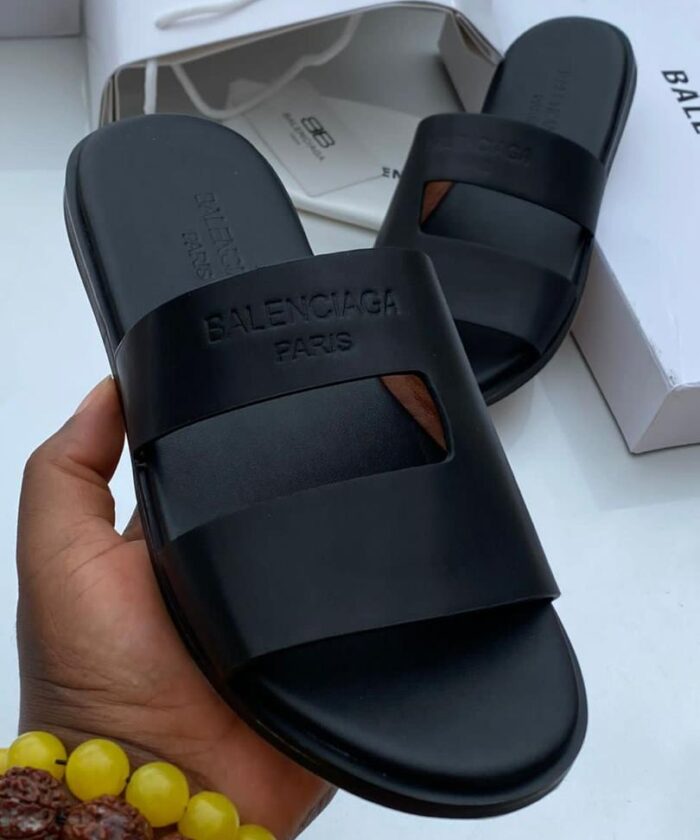 Black Leather Slide Sandals