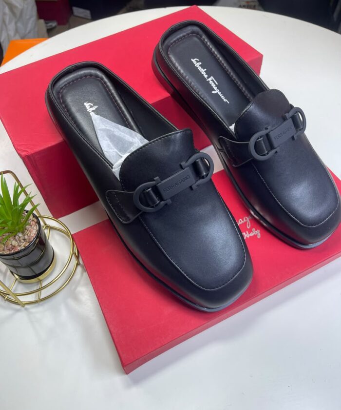 Black Leather Slip On Half Shoes Buckle Strap