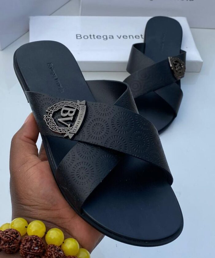 Black Mens Criss Cross Leather Slide Sandals