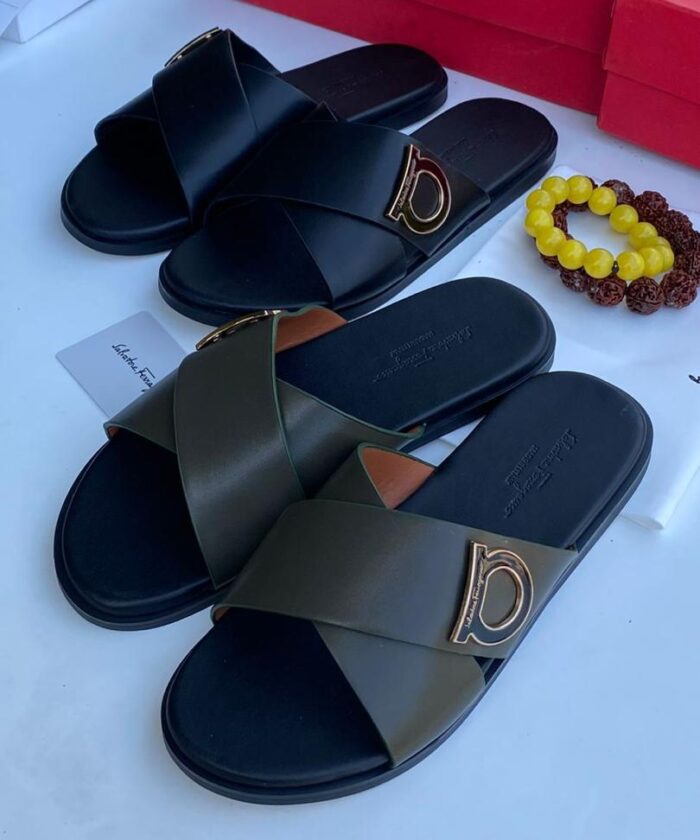 Black Olive Green Leather Cross Strap Slide Sandals