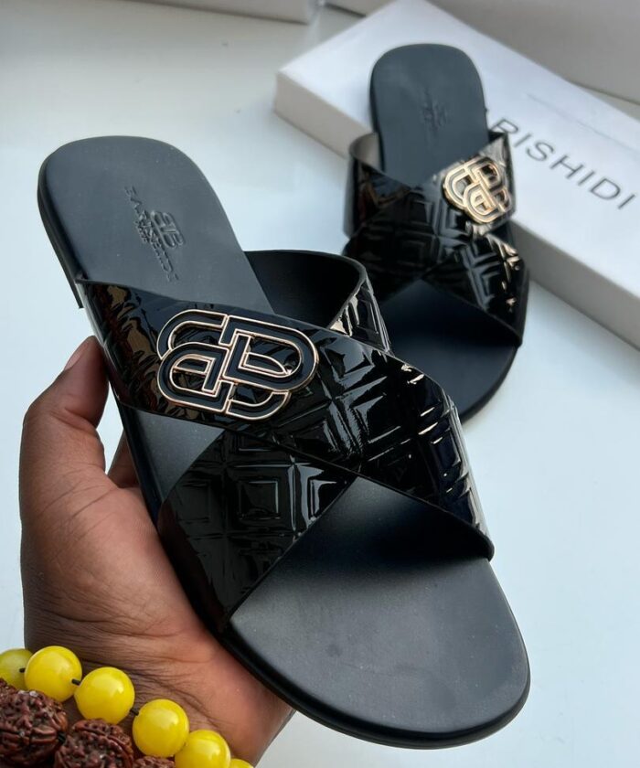 Black Patent Quilted Criss Cross Slide Sandals