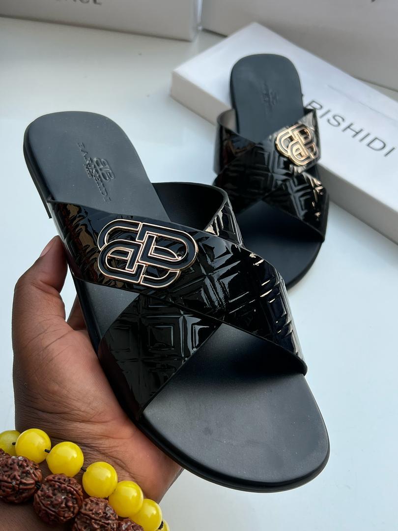 Black Patent Quilted Criss Cross Slide Sandals Black Patent Quilted Criss Cross Slide Sandals