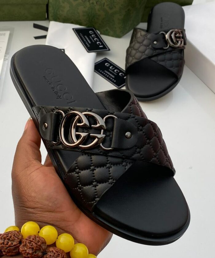 Black Quilted Leather Crossover Slip On Sandals