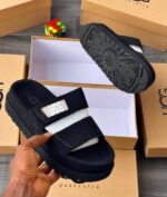 Black Suede Platform Slide Sandals White Logo Patch