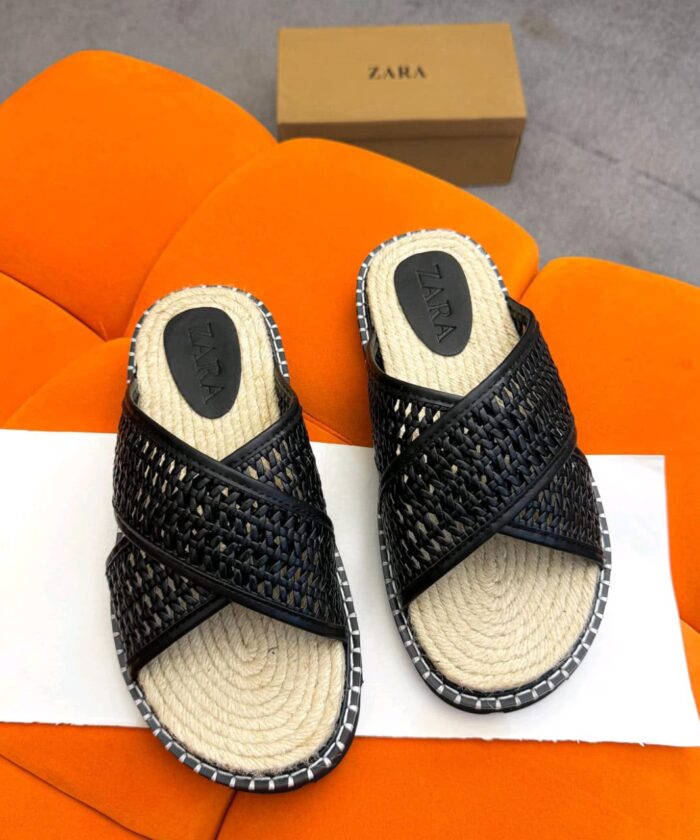 Black Woven Cross Strap Espadrille Sole Slides