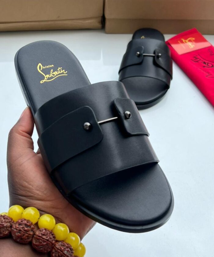 Chambelimuly Black Calf Leather Slide Sandals