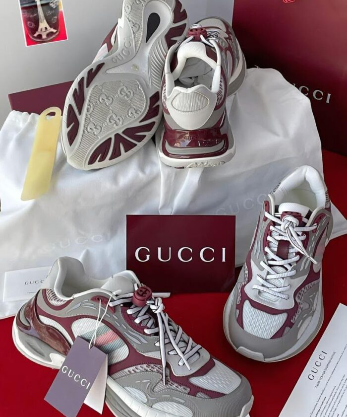 Chunky Sneakers White Grey Burgundy Paneled Design