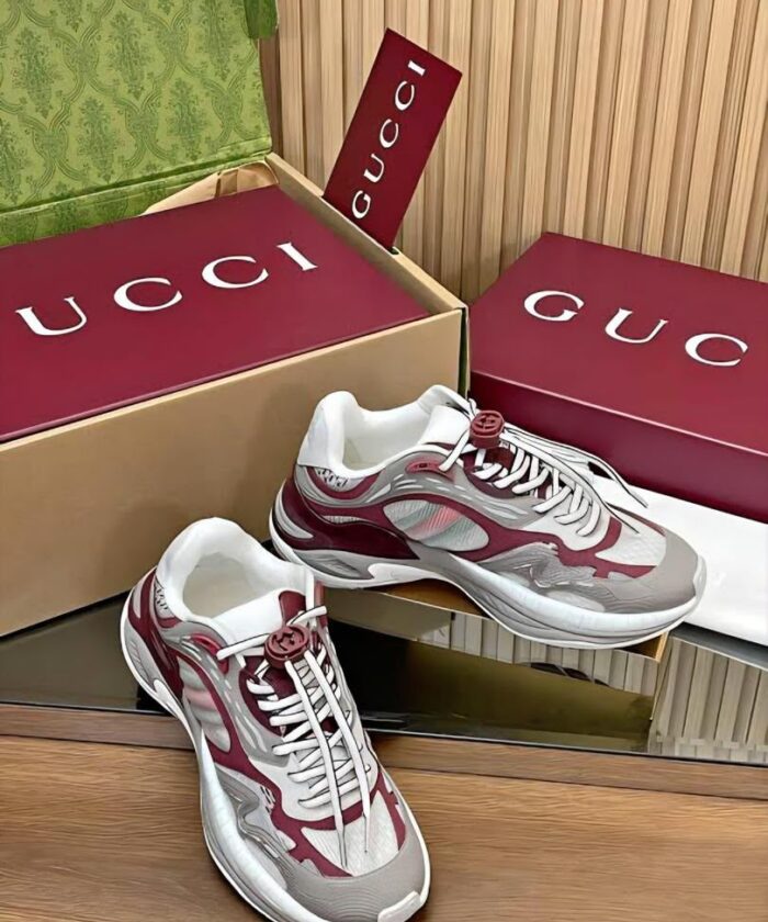 Chunky Sneakers White Grey Burgundy Paneled Design
