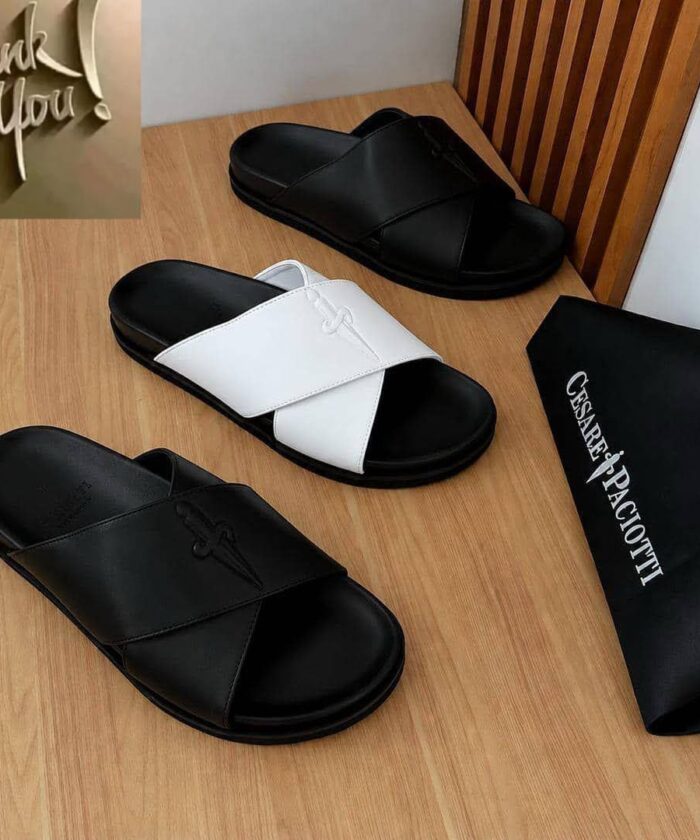 Cross Strap Leather Slides Signature Dagger Detail