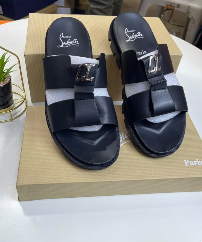 Dhabubizz Black Leather Logo Plaque Sandals