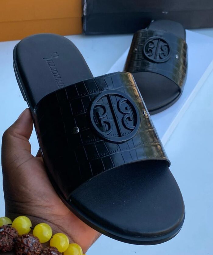Mens Black Crocodile Embossed Slide Sandals