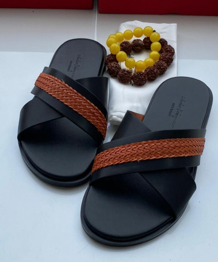 Mens Black Leather Criss Cross Slide Sandals