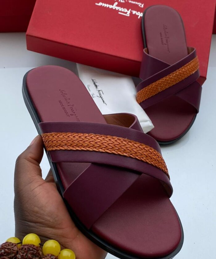 Mens Burgundy Orange Woven Leather Slide Sandals