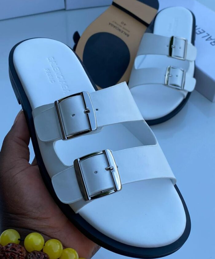 Mens White Double Buckle Slide Sandals