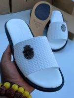 Mens White Woven Leather Slip On Sandals