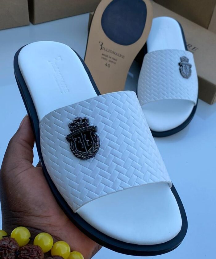 Mens White Woven Leather Slip On Sandals