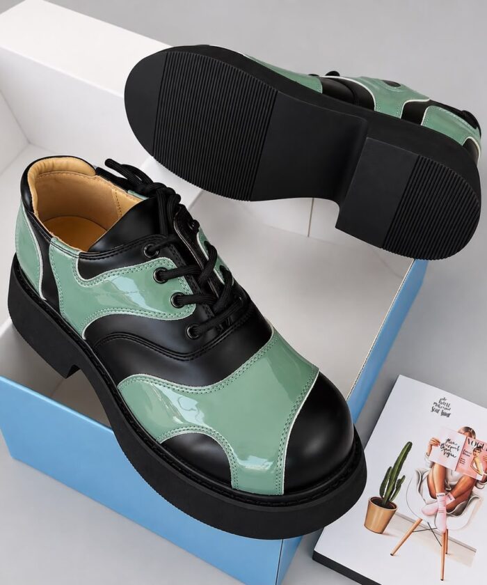 Mint Green Black Glossy Color Block Thick Sole Derby Shoes