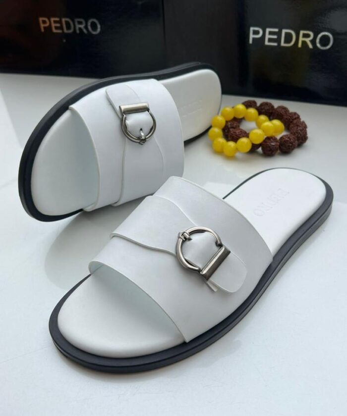 White Leather Slip On Sandals