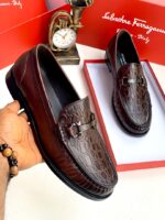 Brown Crocodile Pattern Leather Horsebit Loafers