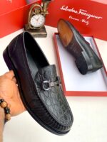 Brown Crocodile Pattern Leather Horsebit Loafers
