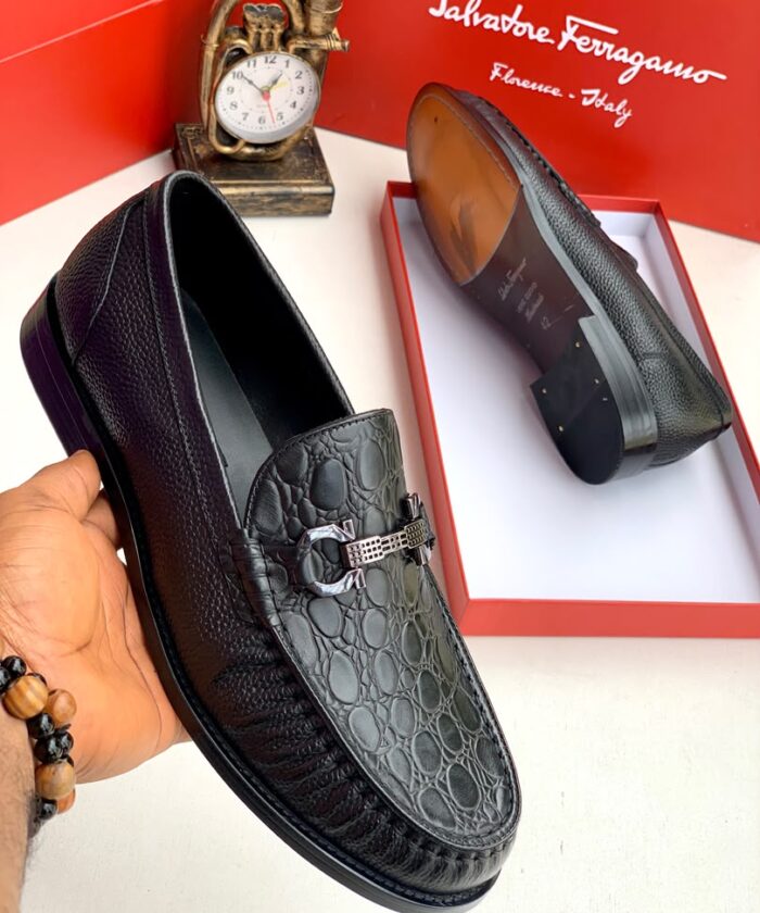 Brown Crocodile Pattern Leather Horsebit Loafers