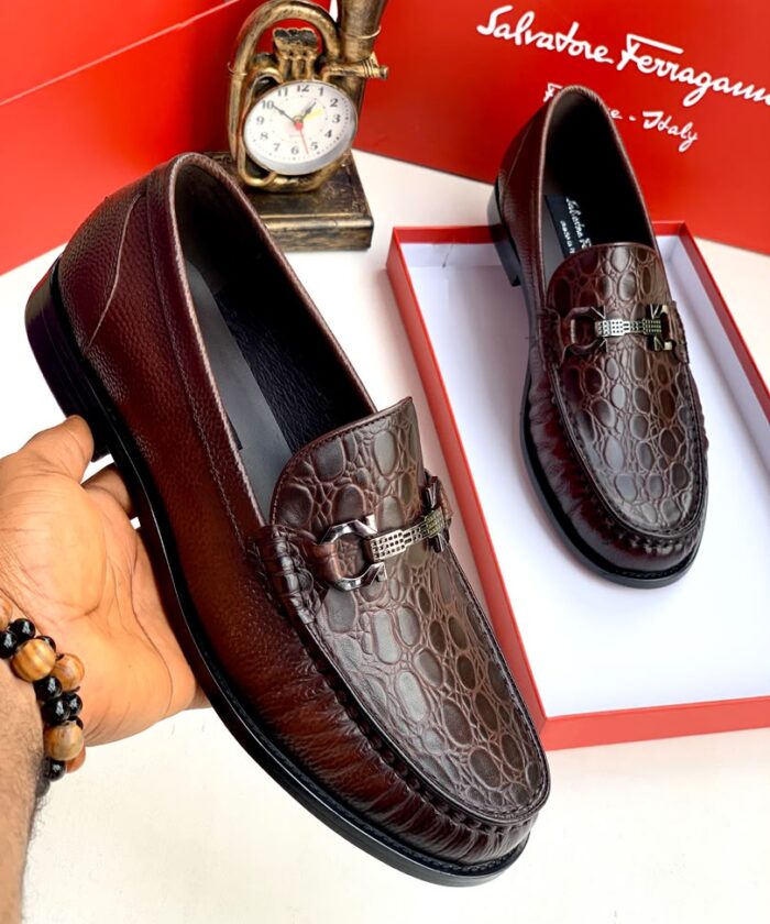 Brown Crocodile Pattern Leather Horsebit Loafers