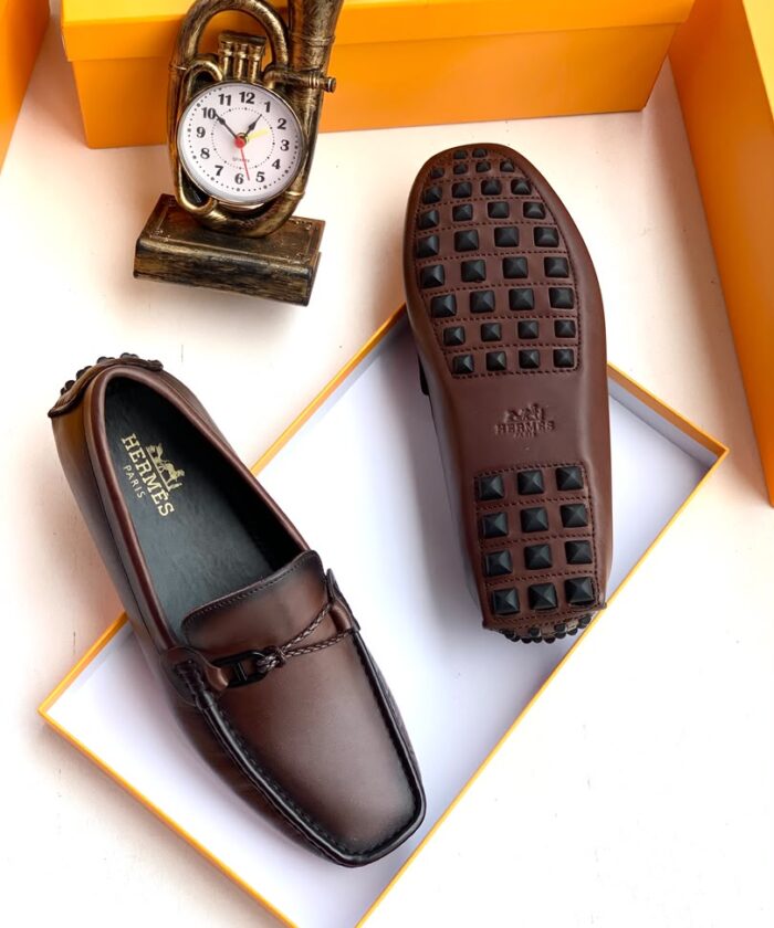 Brown Leather Driving Moccasins Studded Rubber Sole