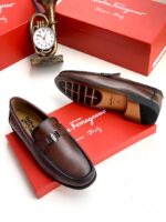 Brown Leather Gancini Style Bit Loafers