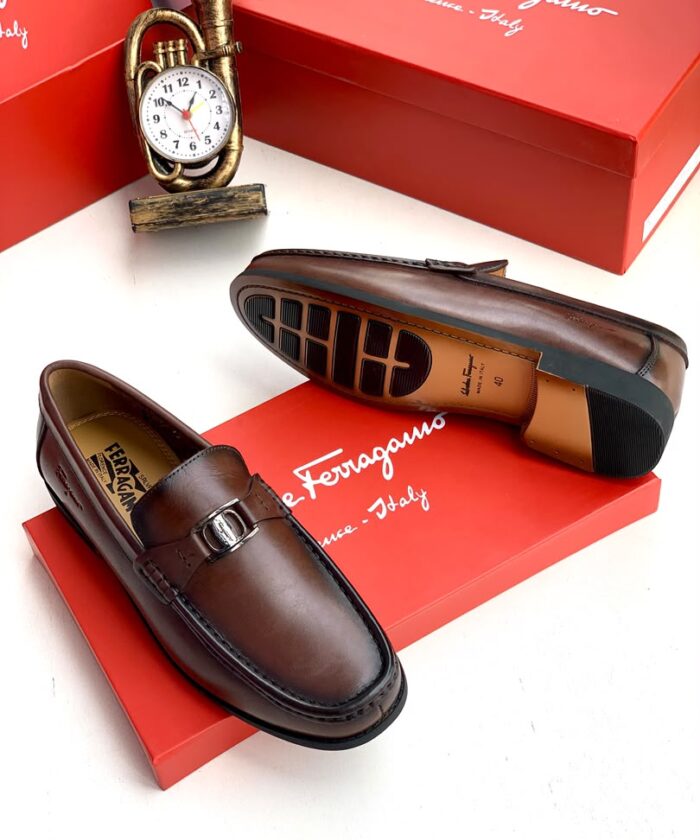 Brown Leather Gancini Style Bit Loafers