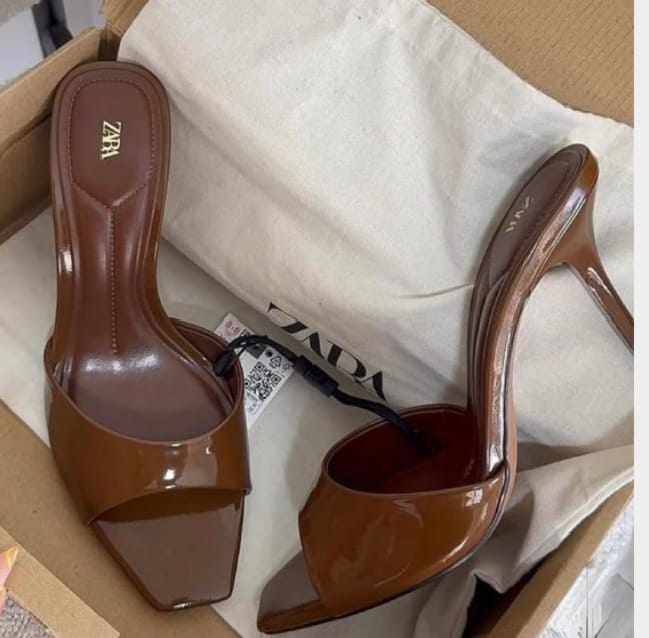 Brown Patent Leather Stiletto Heel Mule Slippers