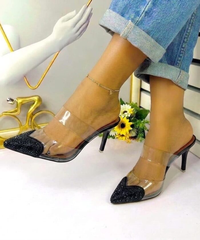 Clear Vinyl Mule Heels With Black Crystal Embellished Pointed Toe
