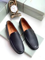 Dark Brown Woven Leather Slip On Loafers