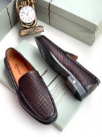 Dark Brown Woven Leather Slip On Loafers
