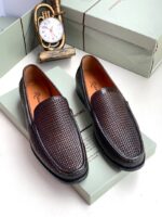 Dark Brown Woven Leather Slip On Loafers