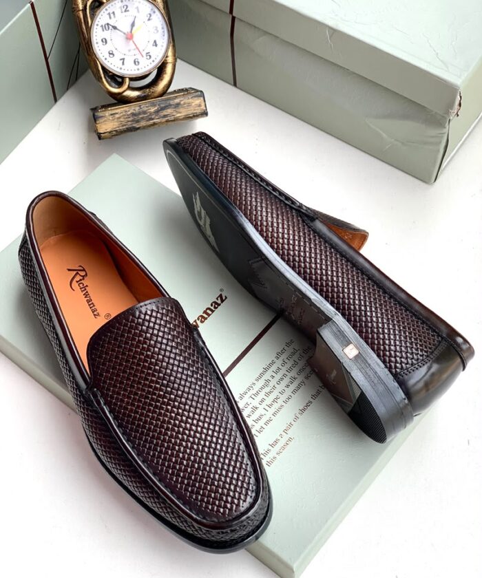 Dark Brown Woven Leather Slip On Loafers
