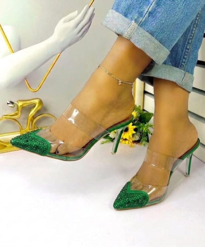 Emerald Green Pointed Toe Stiletto Mules With Crystal Embellishments