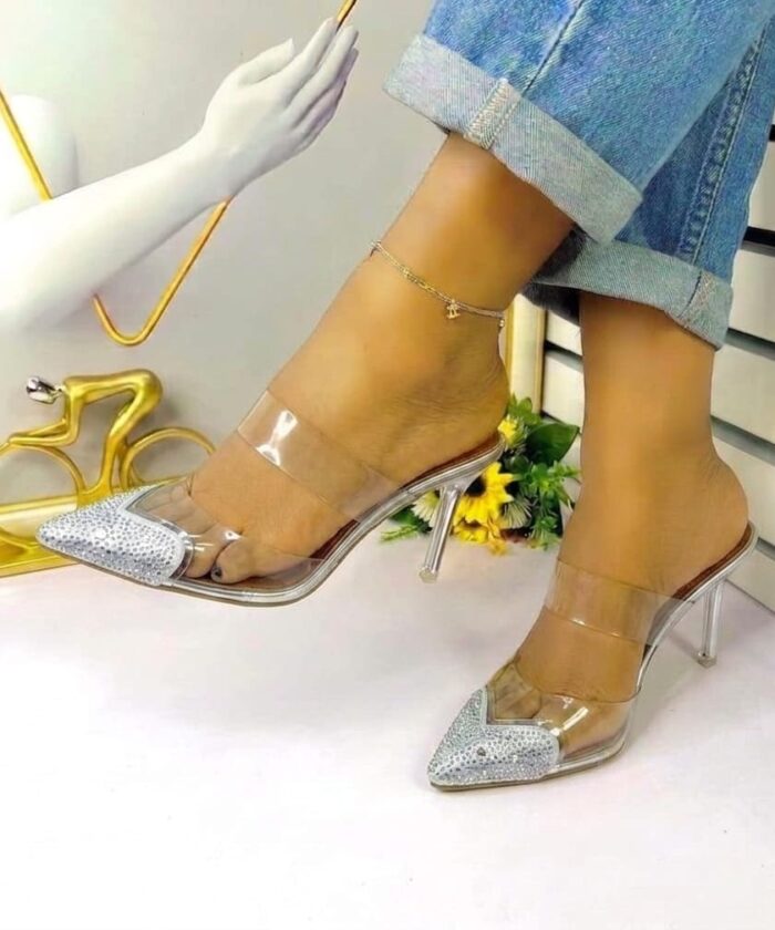 Silver Stiletto Mules With Transparent PVC Straps And Crystal Pointed Toe