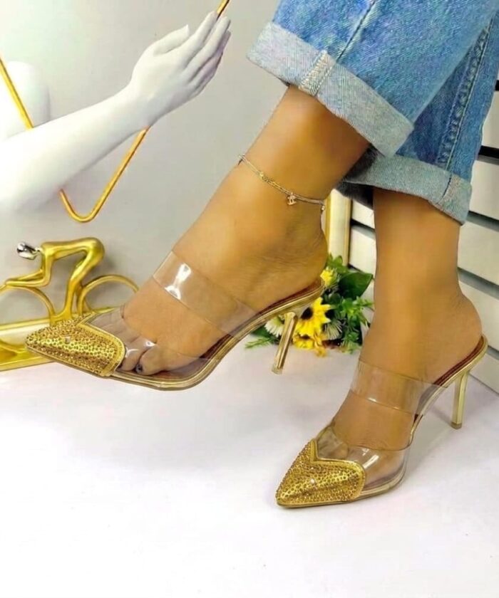 Transparent Pointed Toe Stiletto Heels With Gold Crystal Embellishments