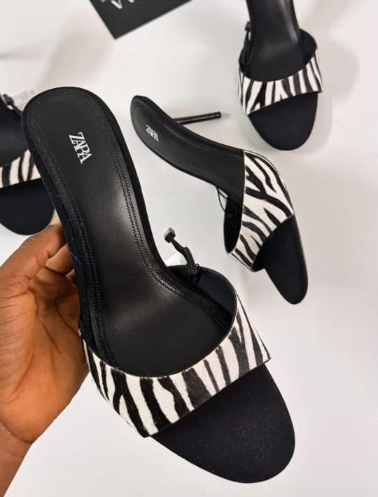Zebra Print Hair On Leather Stiletto Mules
